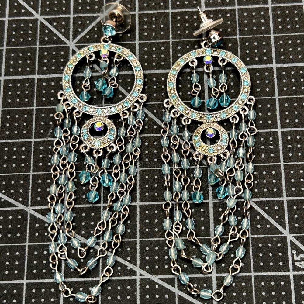 Silver Tone Blue Beaded‎ Dreamcatcher Chandelier Statement Earrings Boho Dangle